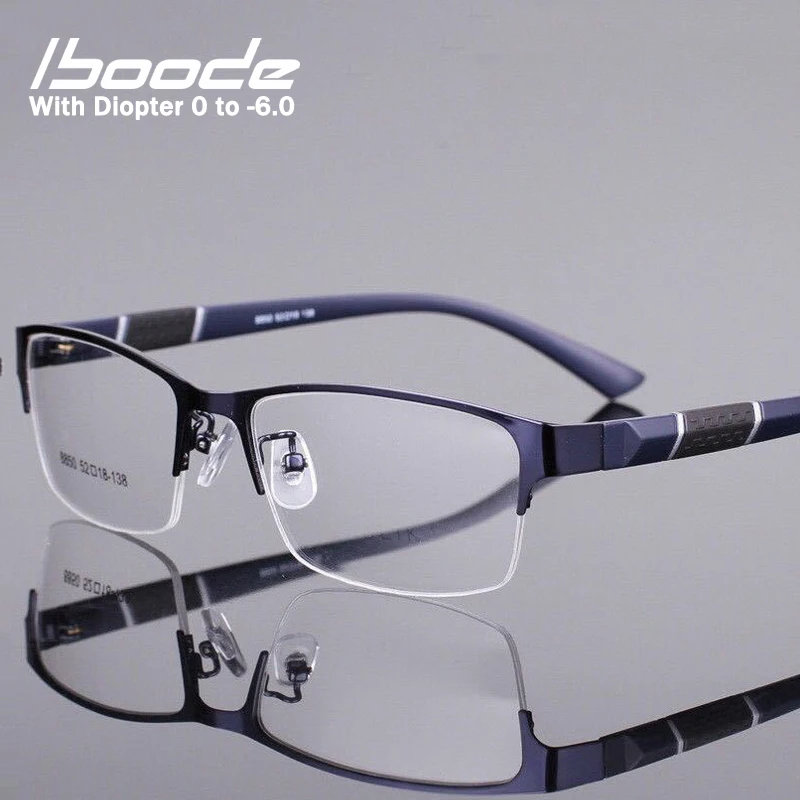 

iboode Half Frame Men Business Finished Myopia Glasses Metal Retro Anti Blue Light Myopia Eyewear Frame Women Diopter 0 -1.0~6.0