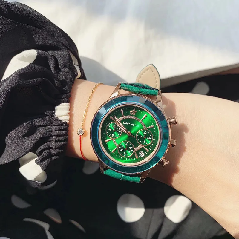 Яркие фильтры объективов насыщенного зеленого часы с кожаным ремешком для Для женщин большой нейтральный дизайн мульти функциональные часы с календарем часы кварцевые работает 6 стрелок часов