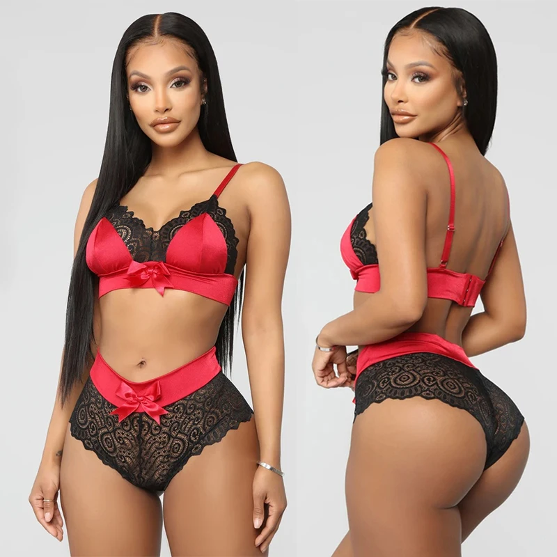 red underwear set 2021 Summer Briefs Bra Set Women Lace Seamless Push Up Bras Sexy Lingerie Sets Black Bow-knot Trim Thong Crop Top Underwear Set white bra and panty sets Bra & Brief Sets