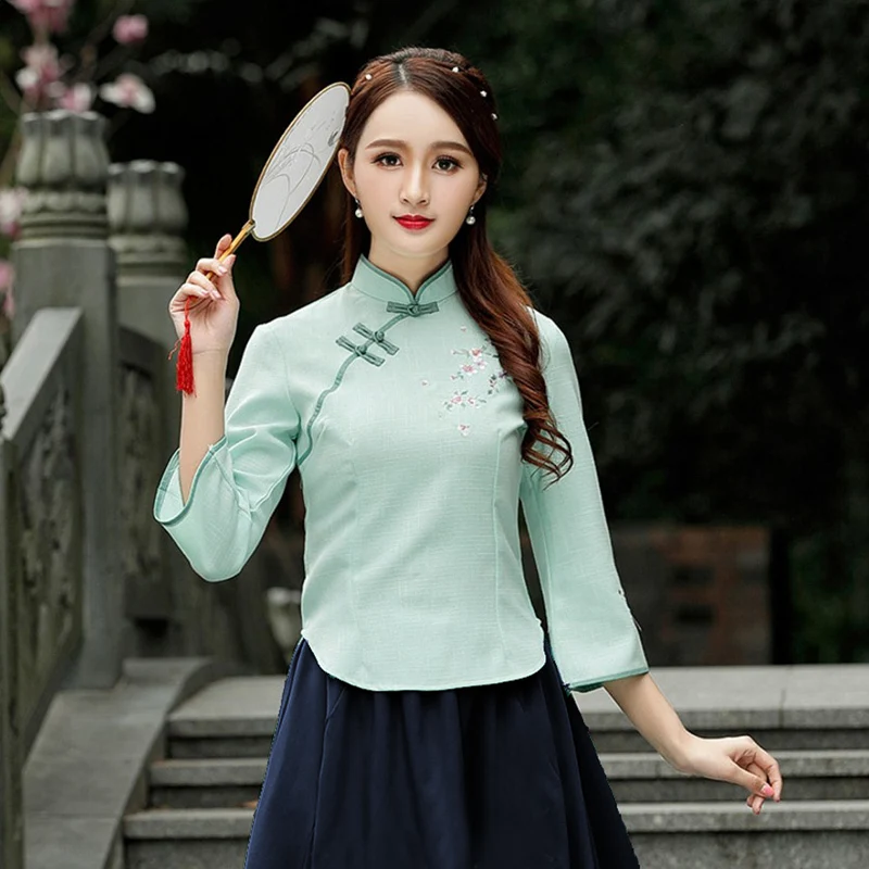 Зеленые хлопковые топы Qipao восточные рубашки-Ципао с коротким рукавом рубашки