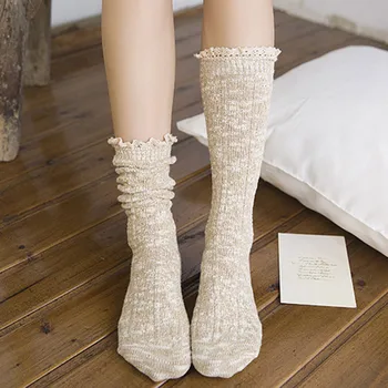 

Women Knitted Boot Stockings Calf Length Stockings with Lace Trim One Size -MX8