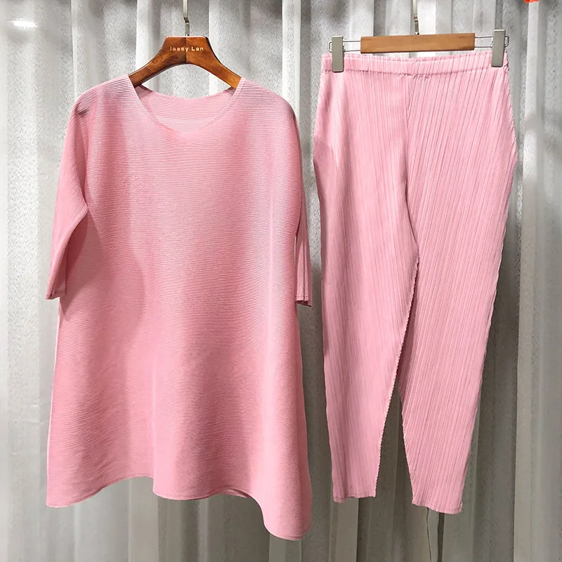 pink LANMREM сплошной цвет круглый вырез короткий рукав плиссированная женская футболка укороченные брюки комплект Повседневная мода Осень TV119 - Цвет: pink