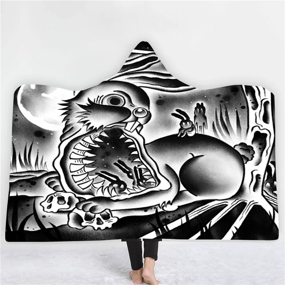 

Birds Rabbits Hooded Blanket Nap Office Coral Fleece Blanket 3D Print Travel Throw Blanket Dark Animal Soft Wearable Blanket
