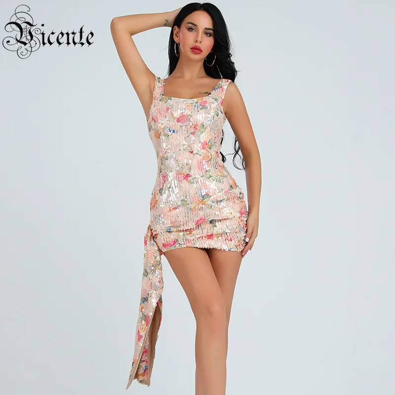 

Vicente All Free Shipping 2019 New Chic Elegant Floral Sequins Mesh Splicing Spaghetti Strap Celebrity Party Mini Dress