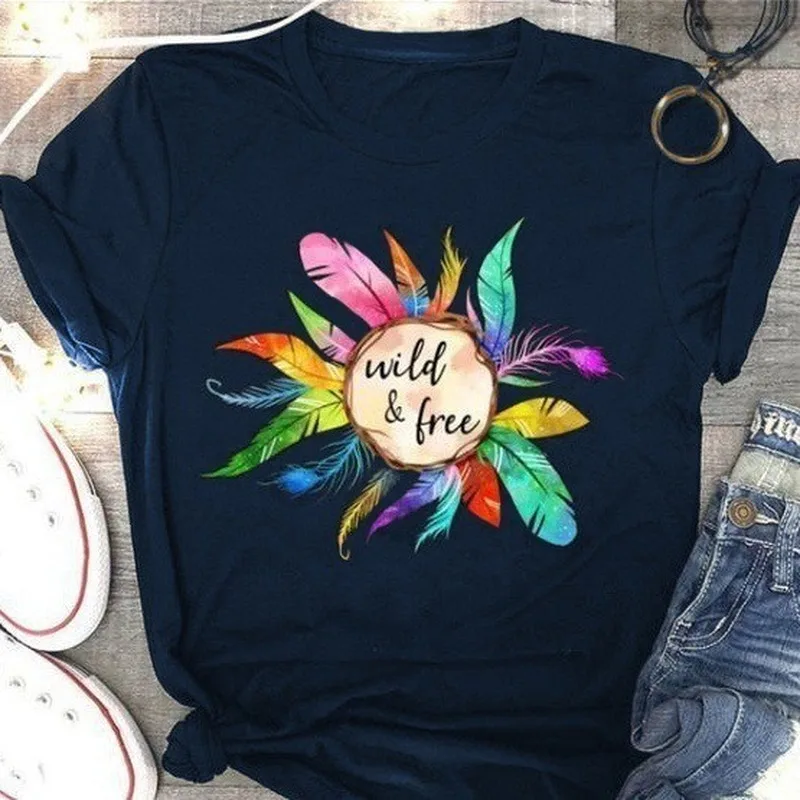 

Wild and Free Letter Print T Shirt Women Short Sleeve O Neck Loose Tshirt Summer Women Tee Shirt Tops Camisetas Mujer