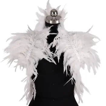 

Gothic Feather Cape Shawl Dance Wear Real Natural Feather White Shrug Shawl Shoulder Strappy Plus Size Collar Ties Costume