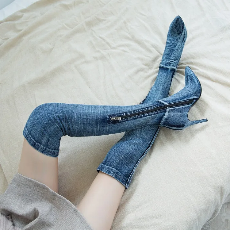 Womens Denim Jeans Over The Knee Thigh& Ankle Boots Stilettos High Heel Pointed Toe Side Zipper Shoes Punk Motorcycle New