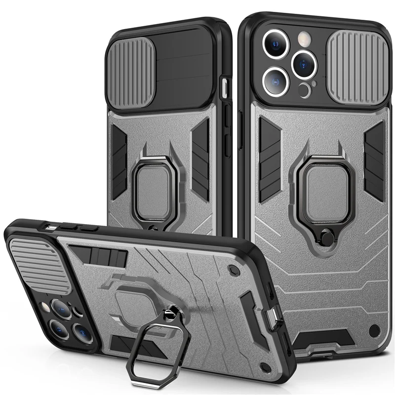 For iPhone 13 Slide Armor Shockproof Phone Case For iPhone 12 11 Pro Max XR XS Max X 7 8Plus 13 Magnetic Ring Holder Back Cover glass flip cover