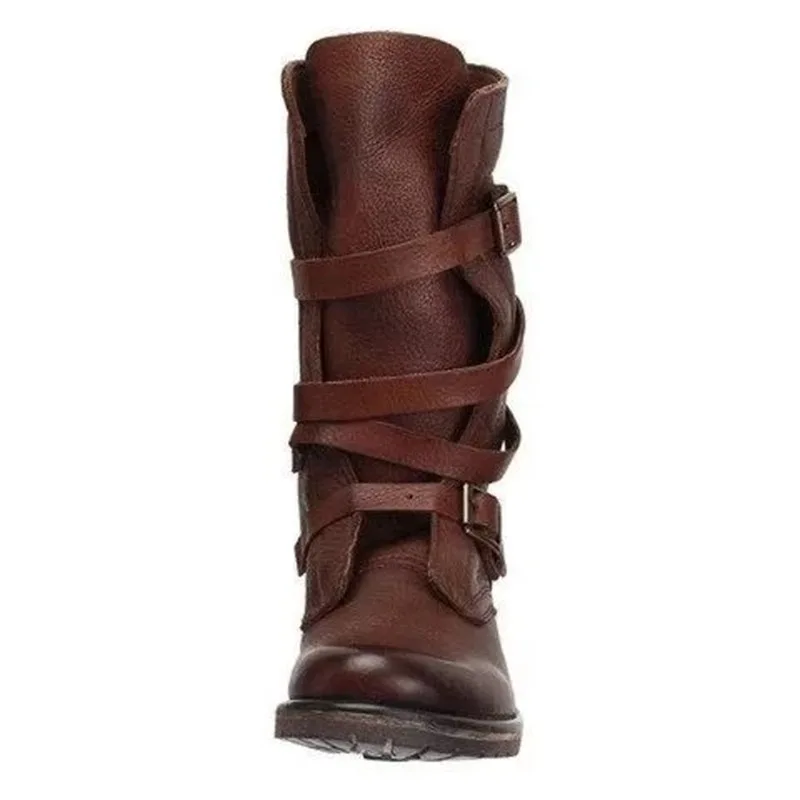 Женские ботинки до середины икры; chaussure boots; Винтажные ботинки-гладиаторы из искусственной кожи на низком каблуке; matin; обувь с пряжкой; женская обувь; zapatos mujer sapato; H827