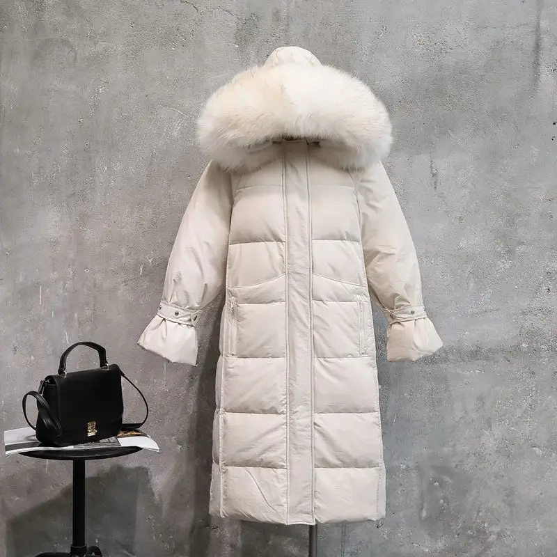 Зимняя куртка женская белая куртка-пуховик большой воротник из меха енота верхняя одежда ветронепроницаемое Свободное пальто толстый теплый пуховик Длинная парка - Цвет: Cream-coloured