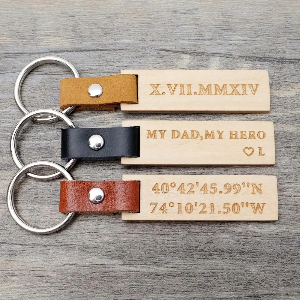 

Personalized Wood Keychain,Engraved Wood Keychain,Leather Key chain,Coordinates Keychain,Gift for Him