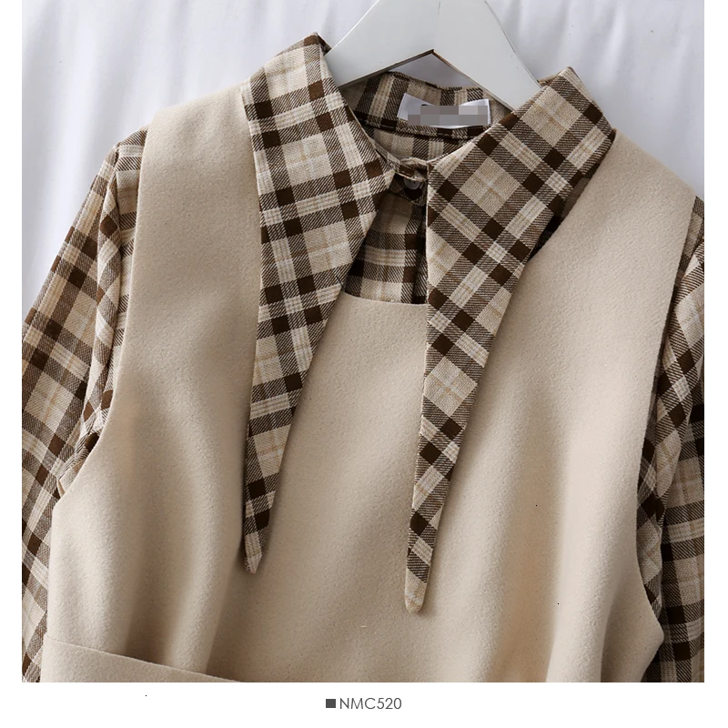 Elegant Autumn Blouse Women Vintage Plaid Long Sleeve Shirt+ Woolen Casual With Sashes Vest Two Pieces Set Matching Set