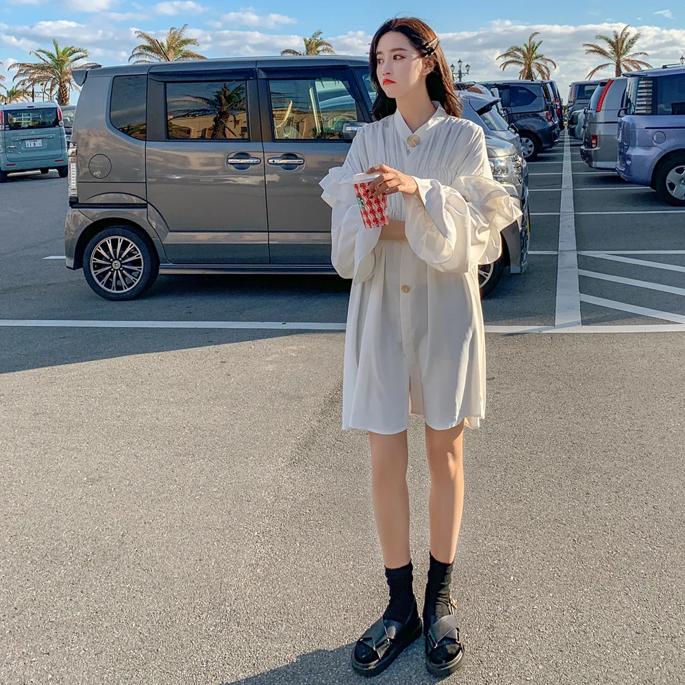 

Photo Shoot 2019 Spring New Style Korean-style WOMEN'S Wear Retro CHIC Mid-length White Flounced Shirt Dress Dress