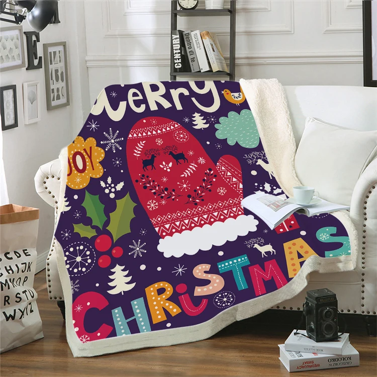 

3D Christmas Elk Gloves Blanket Warm Throw Flannel Blanket Bedspread on The Bed Merry Christmas for Kids Adults Blanket