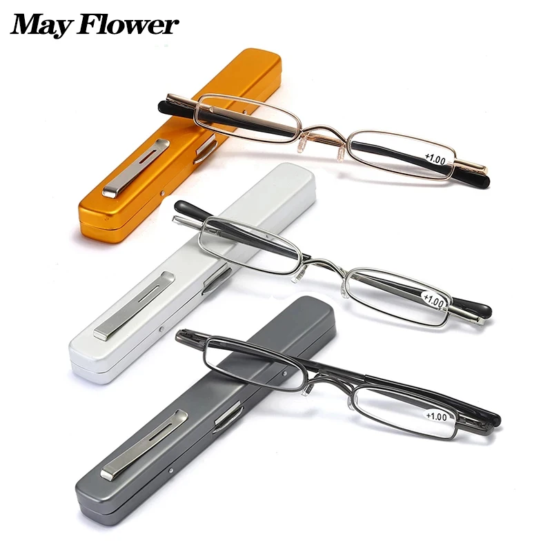 

May Flower New Mini Pen Clip Portable Reading Glasses Metal Spring Hinge Presbyopic Eyewear With Pen Case Magnifier Eyewear +3.5
