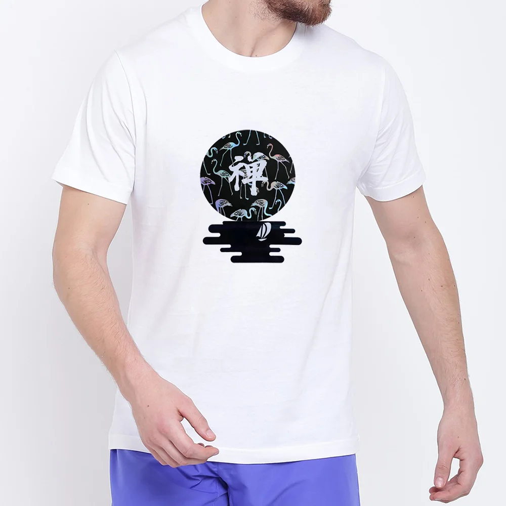 

RONGXUAN 2020 Summer Short Sleeve T-Shirt Chinese style Laser Flamingo Zen Pattern Hot Stamping Foil Logo T Shirt for Men