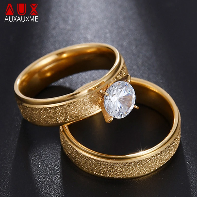 Auxauxme Bling White Stones Engagement Rings for Couples Golden Titanium Steel Romantic Wedding Ring Women Men Jewelry wedding rings finger rings engagement rings couple rings stone rings titanium steel rings