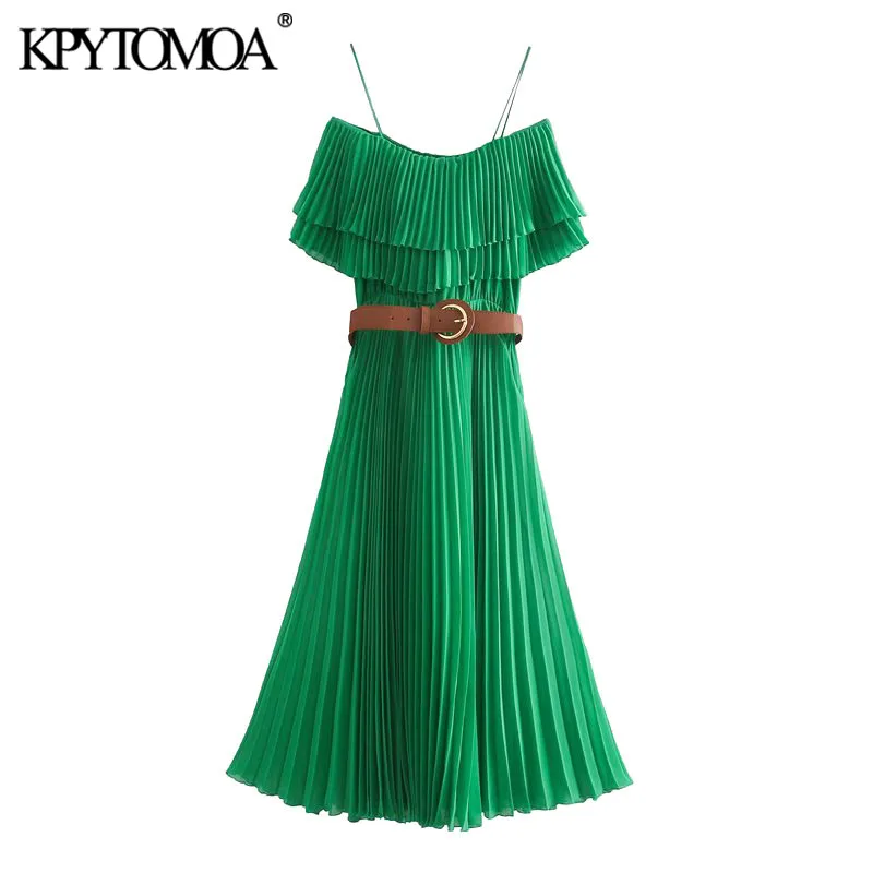 KPYTOMOA Women 2020 Chic Fashion With Belt Ruffles Pleated Midi Dress Vintage Elastic Waist Thin Straps Female Dresses Vestidos KPYTOMOA Women 2020 Chic Fashion With Belt Ruffles Pleated Midi Dress Vintage Elastic Waist Thin Straps Female Dresses Vestidos