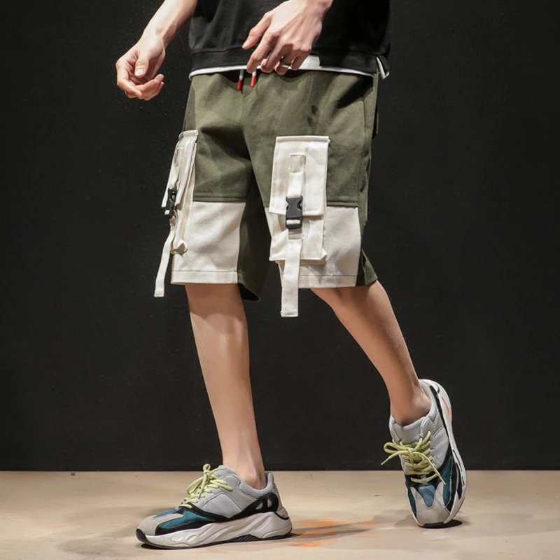 Красивые модные Лоскутные мужские шорты Карго с карманами и лентами для тренировок, короткие шорты для бега, Повседневная Уличная одежда в стиле хип-хоп, шорты до колен для мужчин