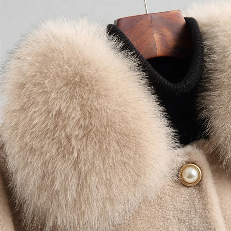 Top 2019 winter real fur coat ladies high quality fox fur collar long jacket Korean clothes wool fur coat and coat 5