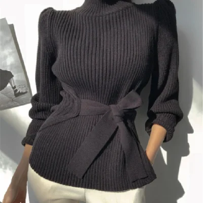 Осенне-зимний женский свитер с завязками и поясом, пуловер с пышными рукавами, Свитера с высоким воротником, модные эластичные вязаные женские свитера - Цвет: Черный