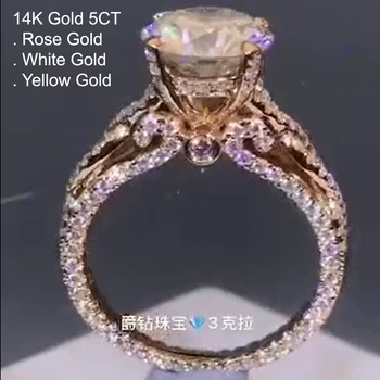 

14K Rose Gold 5 Carat Moissanite Diamond Ring Women Round Vintage Luxury Wedding Party Engagement Anniversary Ring 5 Ct D Color
