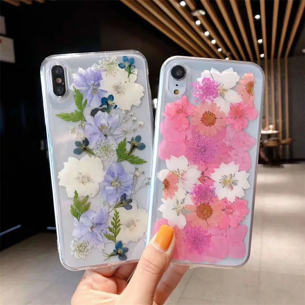 Real Flowers Dried Soft TPU Phone Case For iPhone X 6 6S 7 8 Plus XS XR Max Transparent Bling beautiful Back Cover |