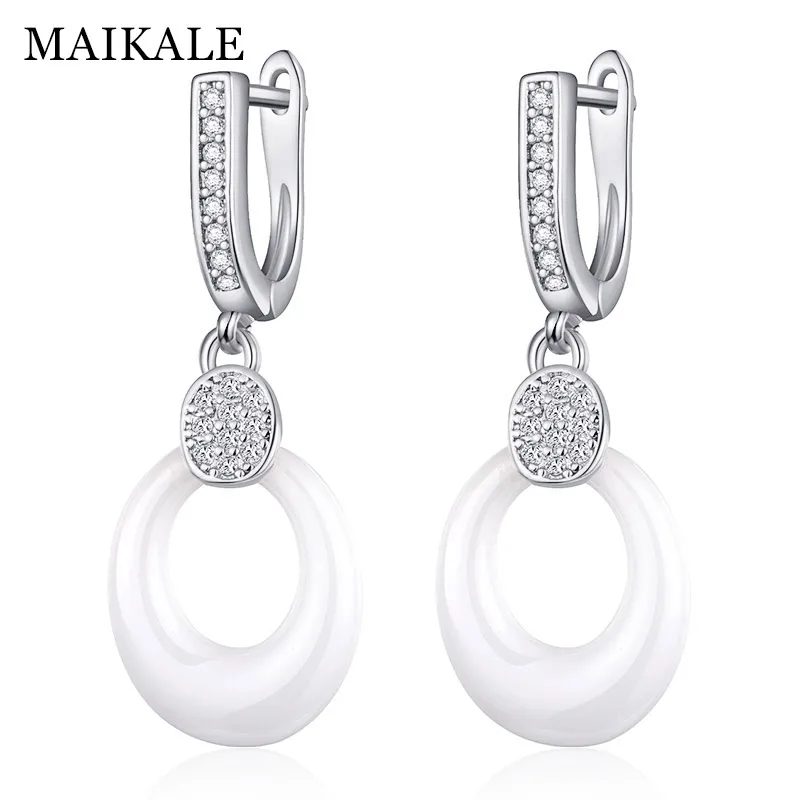 silver white MAIKALE новые модные черные белые керамические серьги-капли с кубическим цирконием Золотые/серебряные ювелирные изделия Висячие серьги для женщин - Окраска металла: silver white
