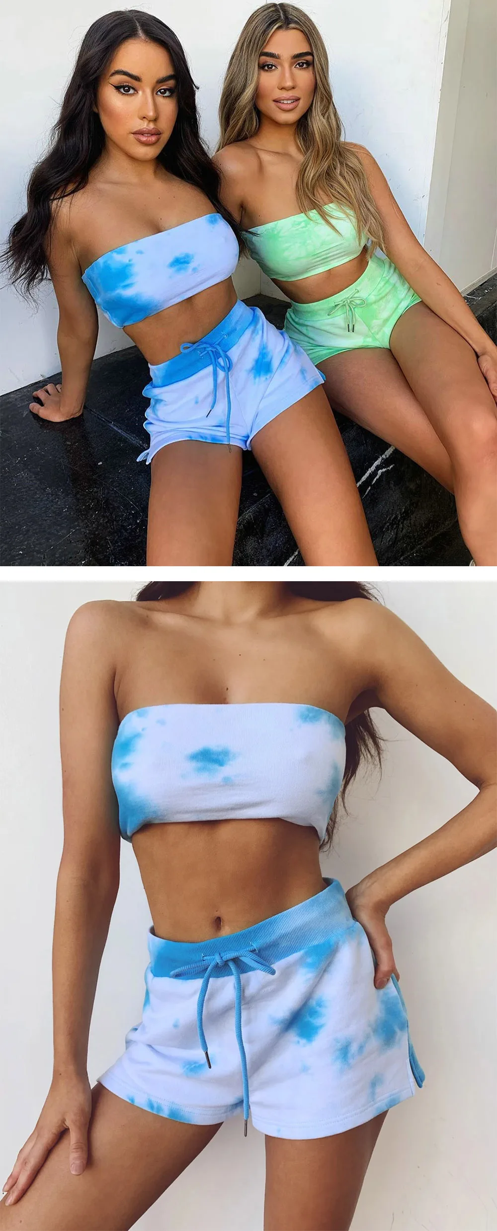 Summer 2 Piece Sets Women Bandage Drawstring Strapless Crop Top Short Pants Jogging Tracksuit Ladies Sport Set Hoodies Outfits