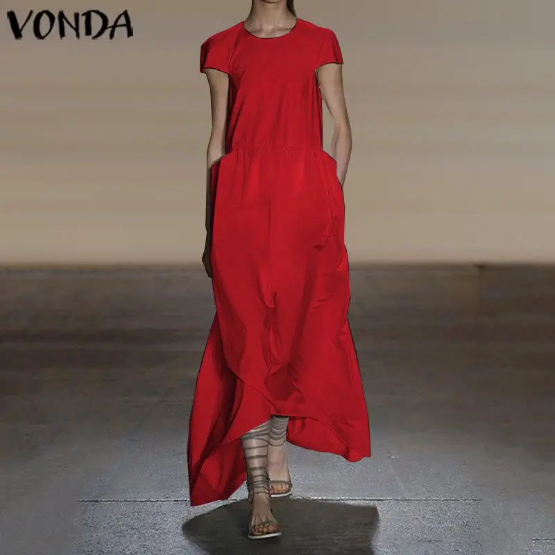 VONDA/летнее платье, женские сарафаны, богемные, сексуальные, с круглым вырезом, карманами, с коротким рукавом, винтажные, макси, длинные платья, большие размеры, Vestidos