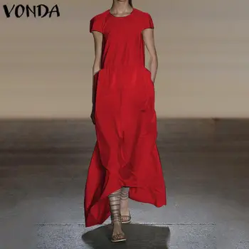 

VONDA Summer Dress 2020 Women'Sundress Bohemian Sexy O Neck Pockets Short Sleeve Vintage Maxi Long Dresses Plus Size Vestidos