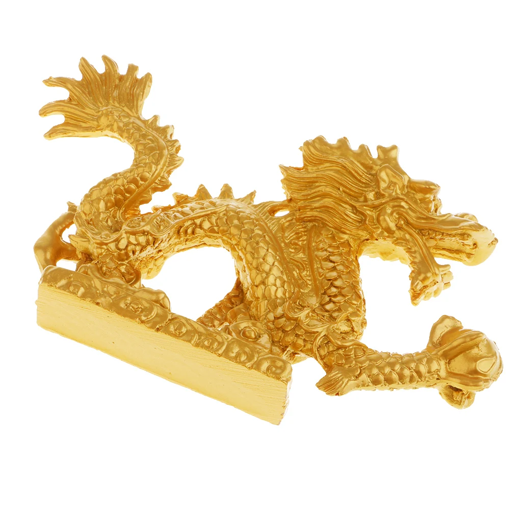 Feng Shui Dragon Collectible Statue, Lucky Figurines 5'' Golden Resin Dragon, Perfect for Home Office Decorations