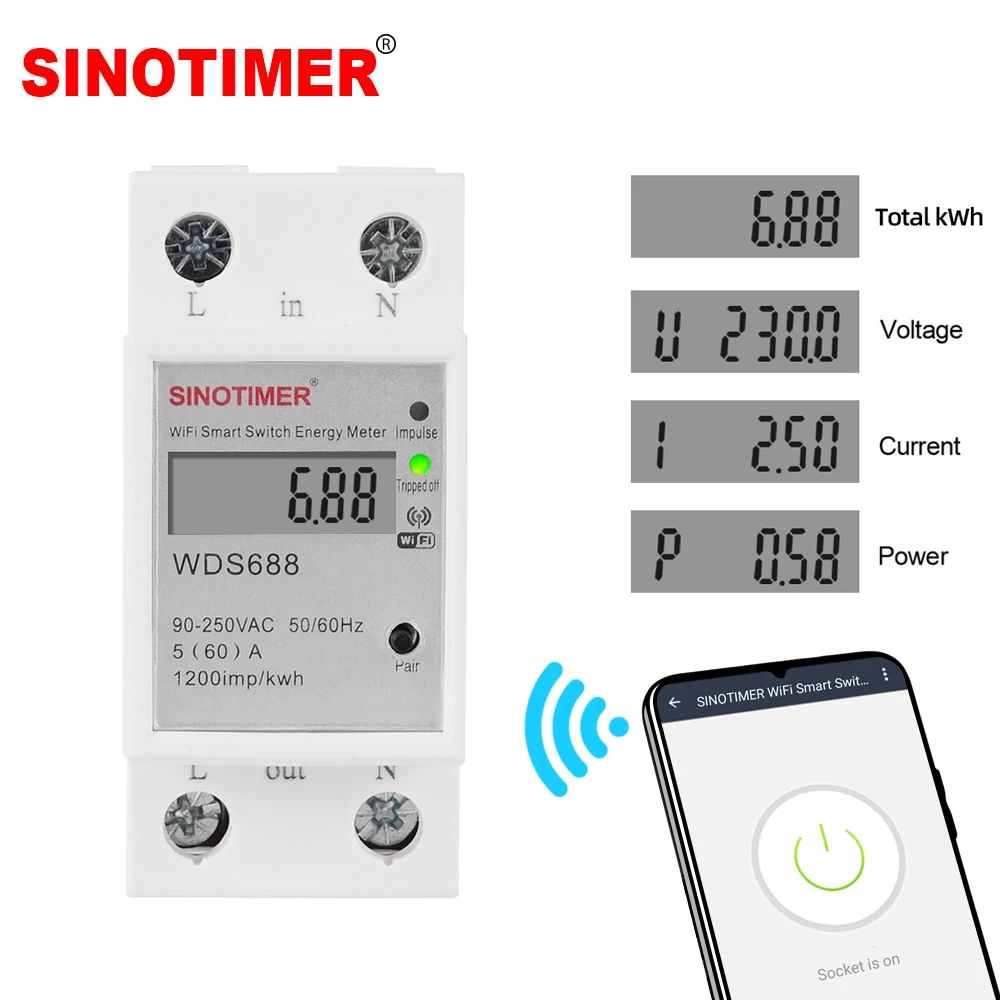 Sinotimer WDS688 90-250VAC Din Rail Remote Control Single Phase Din Rail WIFI Smart Wireless Timer Switch Monitoring Power Consumption with Power