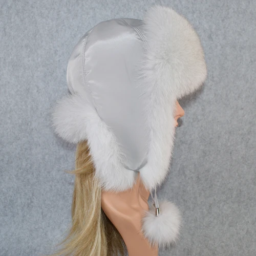 natural fox white Шапки-бомберы из натурального Лисьего меха, зимние теплые женские пушистые шапки-ушанки из натурального Лисьего меха, роскошные качественные шапки из натурального Лисьего меха для русской леди - Цвет: natural fox white