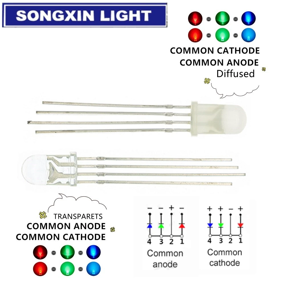 50Pcs 5mm 4pin RGB Diffused Tri-Color Common Anode LED Red Green Blue GM 50Pcs 5mm 4pin RGB Diffused Tri-Color Common Anode LED Red Green Blue GM