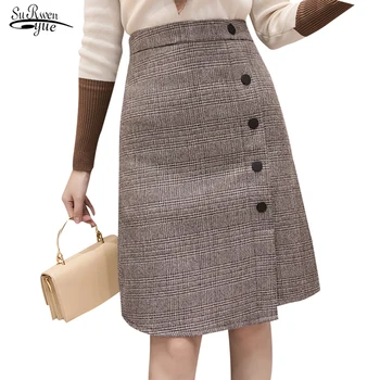 

Jupe Femme 2019 Winter Knee Length Plaid Women's Skirts Casual Vintage High Waist Skirt Female A-line Faldas Cortas 7388 50
