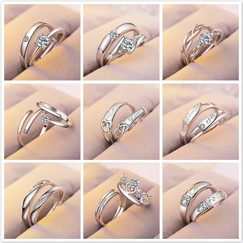 

1 Set Sell Adjustable Lovers Zircon Engagement Rings for Women Fashion Silver Color Wedding Rings Austrian Crystals Jewelry