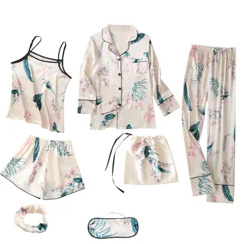 

7pcs Pajamas Faux Silk Pajamas Nightwear Patch Women Set Soft and Comfortable Color Leisure Long Sleeve Sleepwear