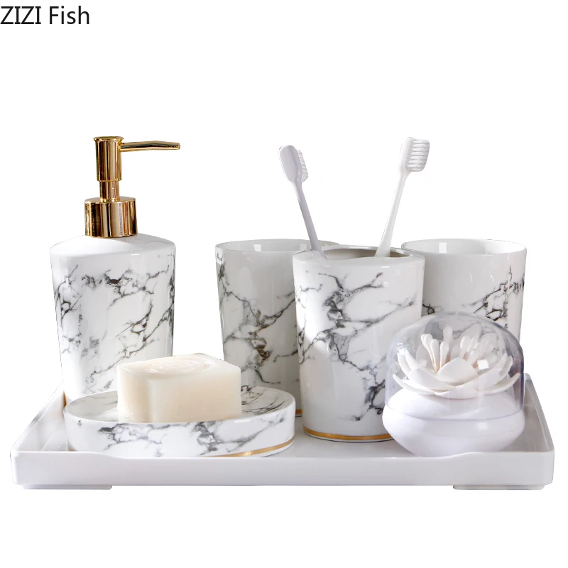 Имитация мраморная керамика набор для ванной комнаты с ручкой лосьон колба для зубной щетки чашка набор из шести предметов в скандинавском стиле принадлежности для ванной комнаты