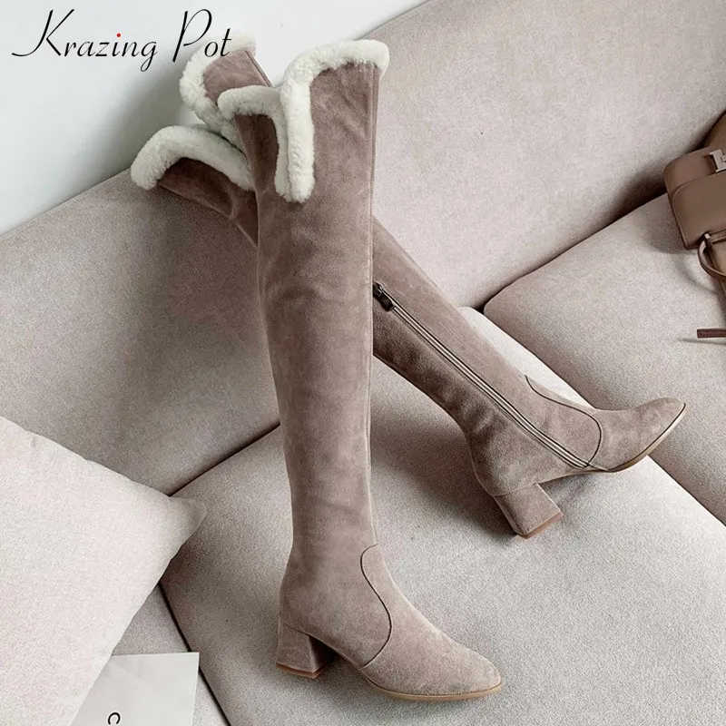 

krazing pot simple style mixed colors genuine leather boots square toe high heels winter keep warm women thigh high boots L75
