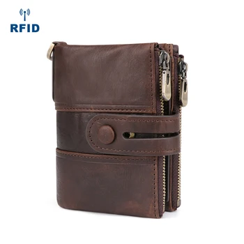 

High Quality Men's RFID Short Wallet Top Layer Cowhide Purse Retro Fashion Male Cards Holder Zipper Coin Purse