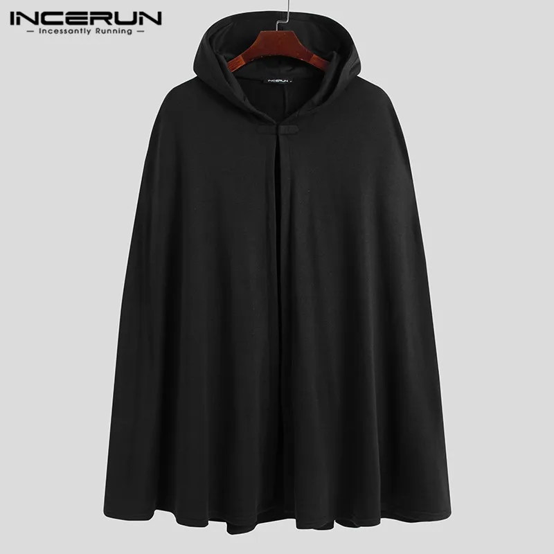 Hombres, Color sólido, Trench con capucha Poncho INCERUN Casual botón estilo largo capas de capa de la moda de prendas de vestir Streetwear S-5XL