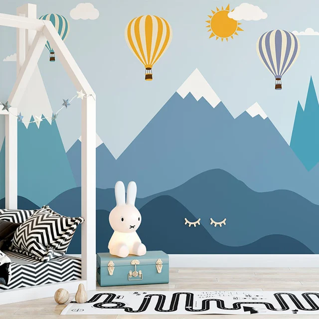 Custom Size Blue Mountains Nursery Boy Wall Mural Peel Stick Air Balloons Wallpaper Snowy Peak Children Room Interior Home Decor