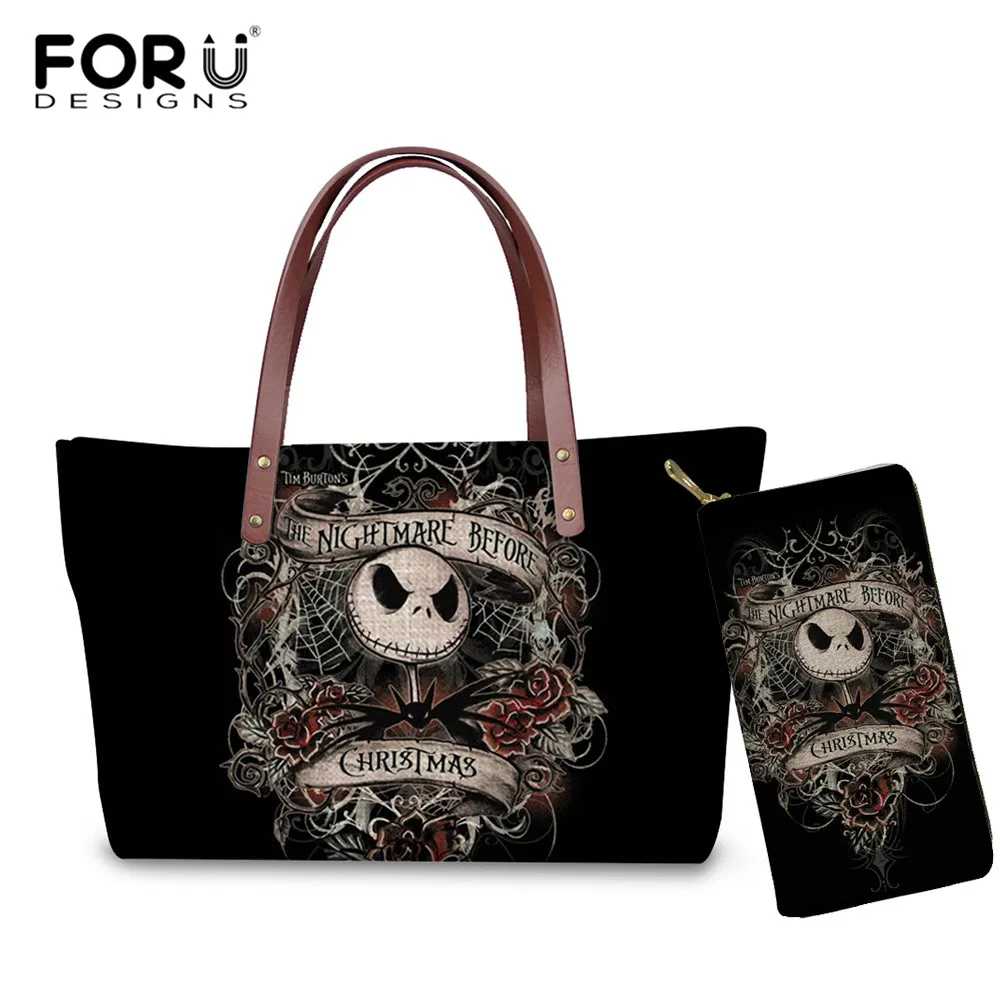

FORUDESIGNS Women Luxury Handbag Wallet Set Nightmare Before Christmas Printed Halloween Cartoon Skull Jack Design Shoulder Bags