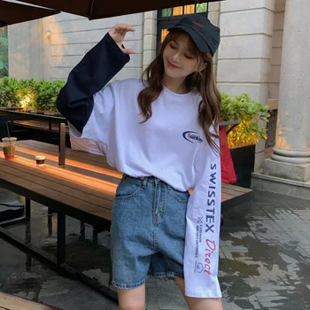

spring T Shirt Women autumn white Top letter Print Patchwork T-shirts Femme Funny long Sleeve Harajuku Tee shirt Camisetas Mujer