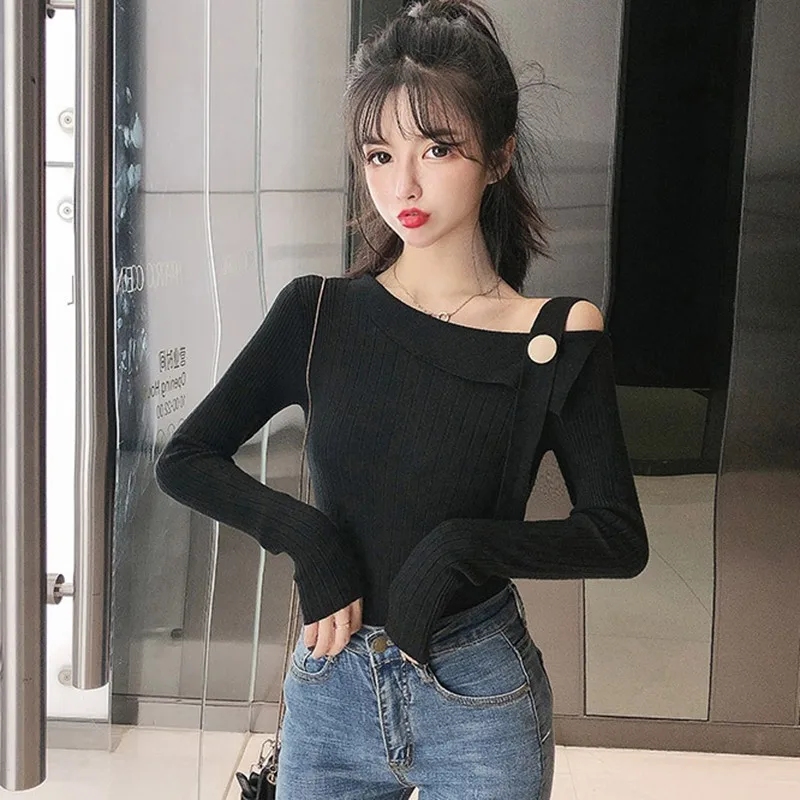 

Autumn Winter New Slash Neck Off The Shoulder Sweater Women Fashion Novel Solid Color Slim Long-sleeved Bottoming Knit Pullover