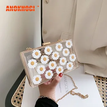 

Flower Pattern Acrylic Square Sling Bag Women Fashion Evening Bag Quality Chain Transparent Shoulder Bag MB716
