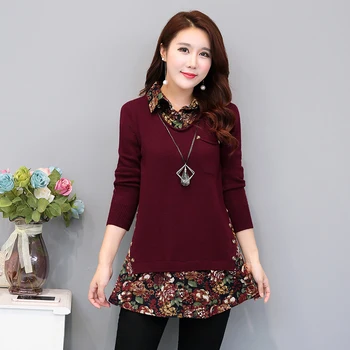 

ladies sweater women autumn winter tops clothes 2019 knitted pullover knitwear floral false two piece loose female A5757