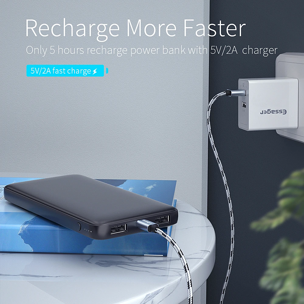 Тонкий внешний аккумулятор Essager 10000 мАч два порта USB портативное зарядное