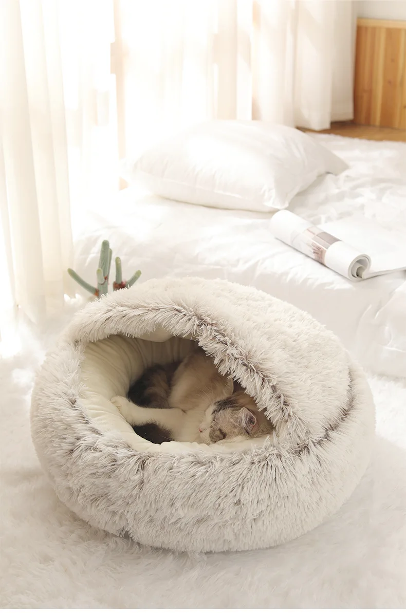 Winter Long Plush Round Cat Cushion with 2-in-1 Warm Cat Basket - Cat House, Sleep Bag, and Kennel for Small Dogs and Cats